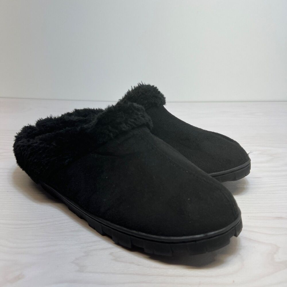 Comfortview Clog Slippers Womens XXL 11 - 12 Black Faux Fur House Shoes